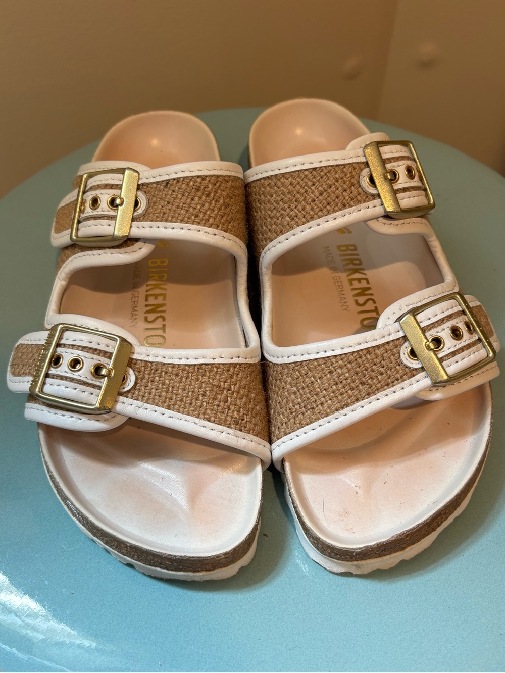 BIRKENSTOCK Natural Jute with White Trim Double Strap Sandal - size 35 (US 4-4.5